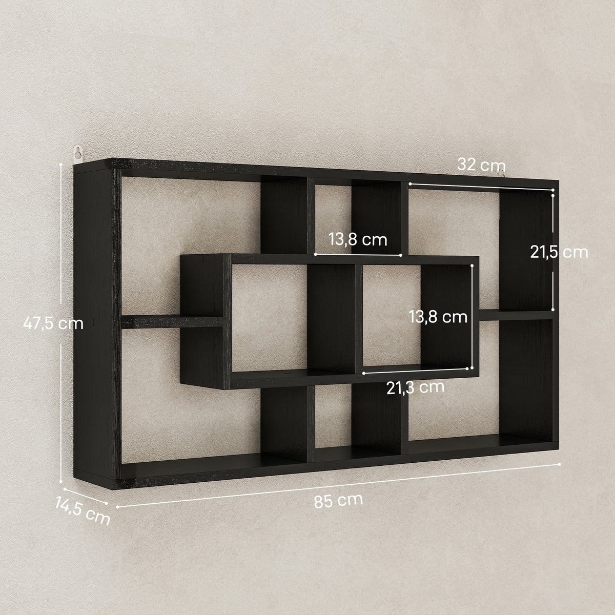 Étagère murale bibliothèque 8 cubes, meuble de rangement, design moderne, 85 x 14,5 x 47,5 cm, noir-2