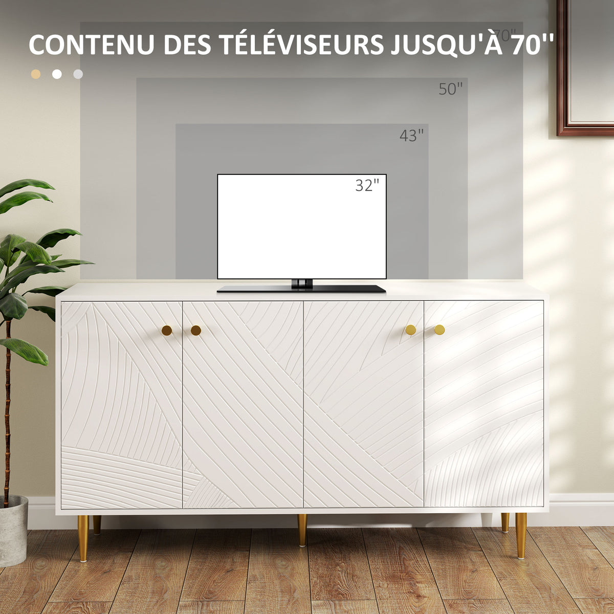 Buffet salon meuble de rangement avec étagères réglables, placards à portes, 140 x 35 x 77,5 cm, blanc-5