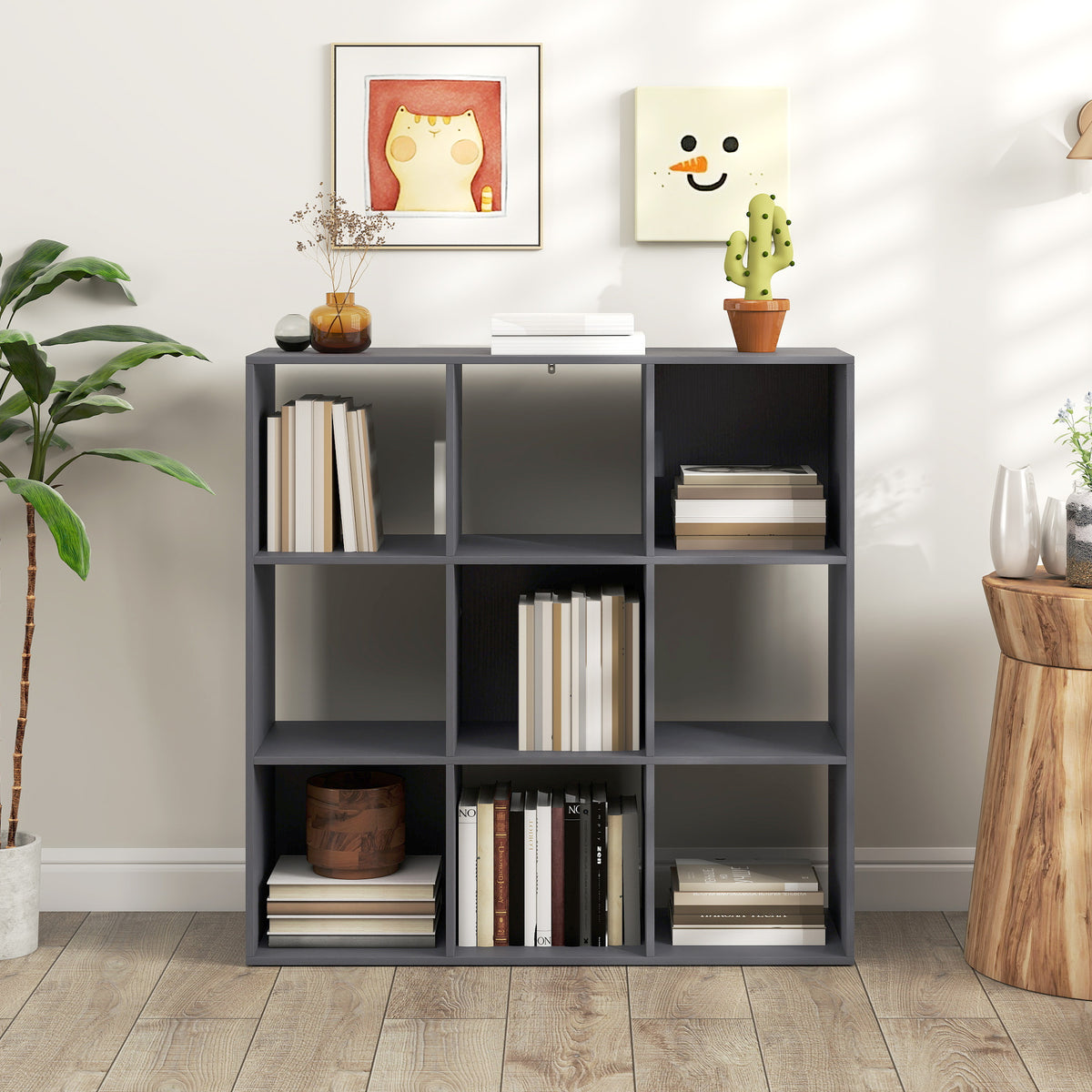 Bibliothèque, étagère de rangement à 3 niveaux avec 9 compartiments, pour salon, bureau, chambre, 91x29,5x91cm, gris-7