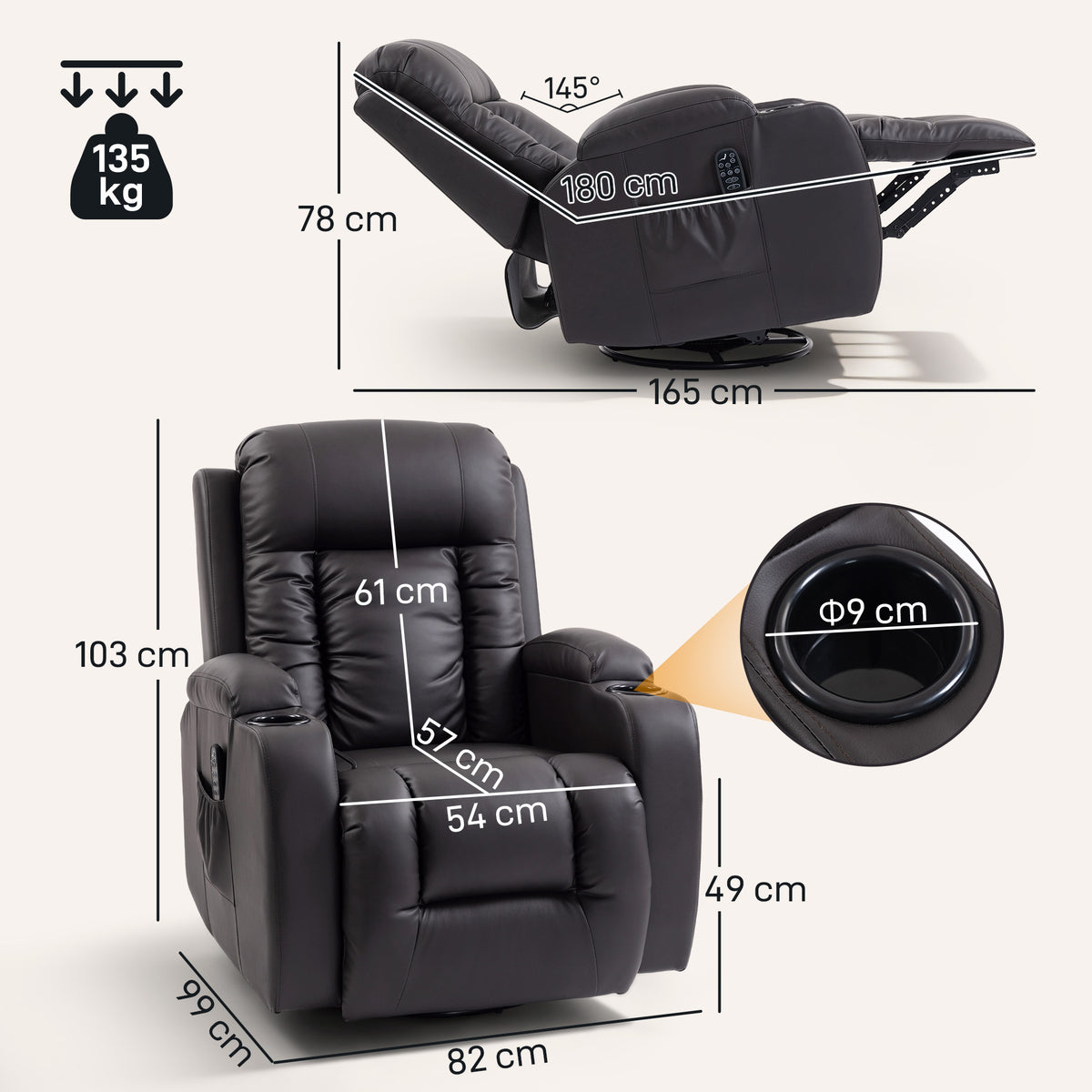 Fauteuil inclinable de massage et chauffage, fauteuil de relaxation, dossier réglable, pivotant 360°, 82x99x103cm, marron-2