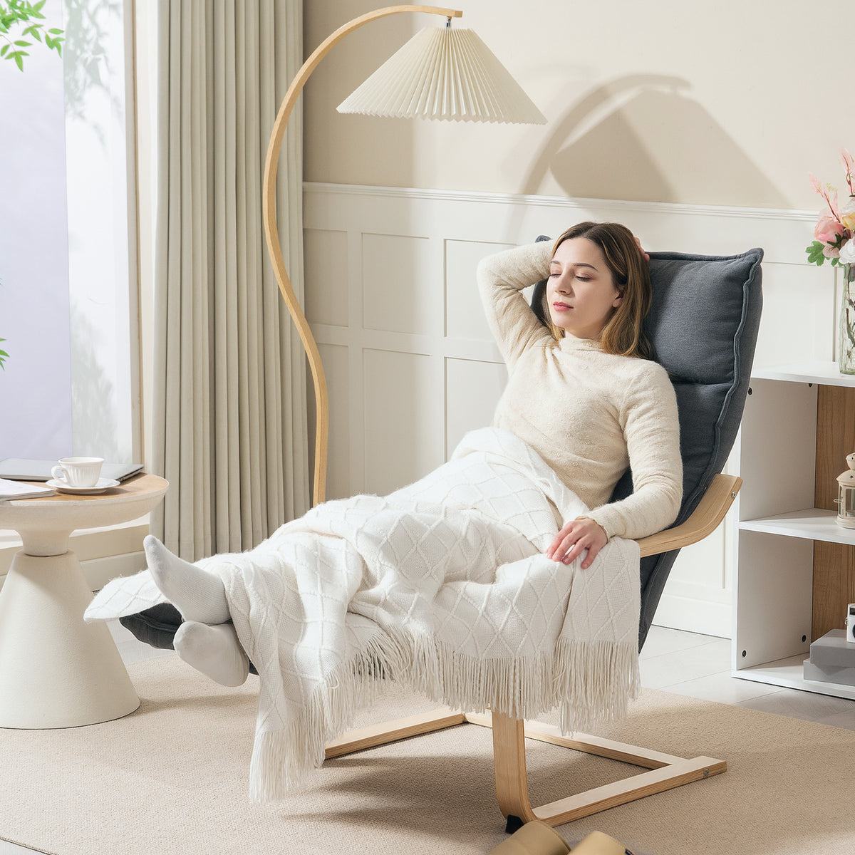 Fauteuil Salon, Fauteuil d'Appoint Rembourré en Velours, Repose-Pieds Réglable, Structure Acier, 67x93x105cm, Gris Foncé-7