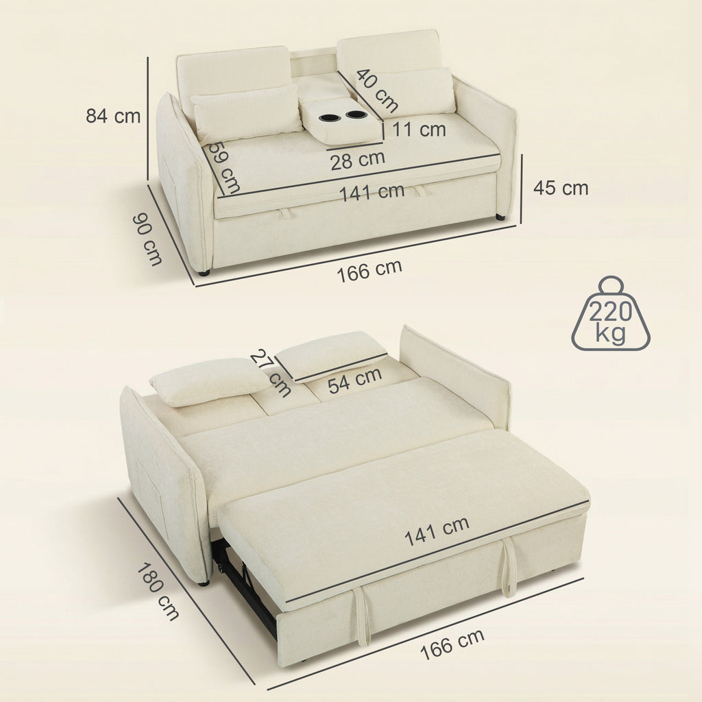 Canapé convertible 2 places 3 en 1, canapé-lit clic clac en chenille avec dossier réglable, porte-gobelets, beige-2