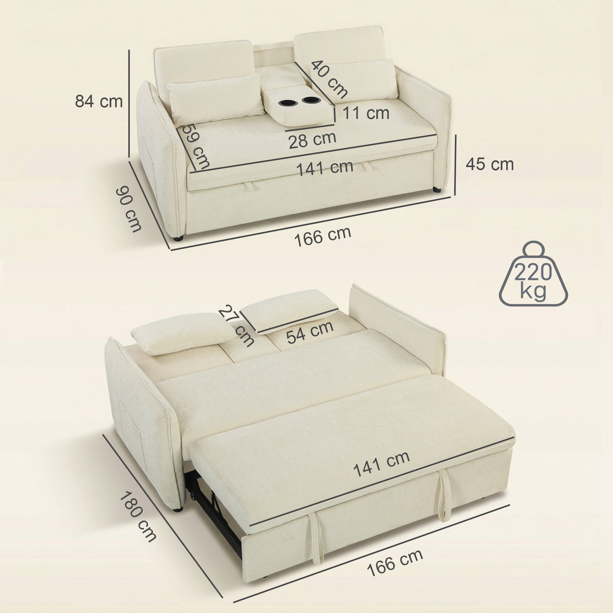 Canapé convertible 2 places 3 en 1, canapé-lit clic clac en chenille avec dossier réglable, porte-gobelets, beige-2