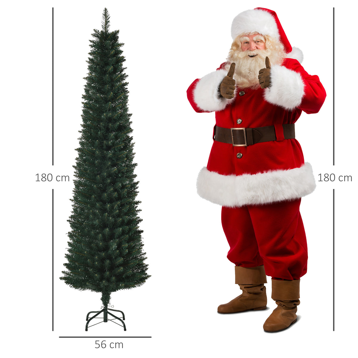 Albero di Natale slim 180 cm con 380 rami e base pieghevole, verde