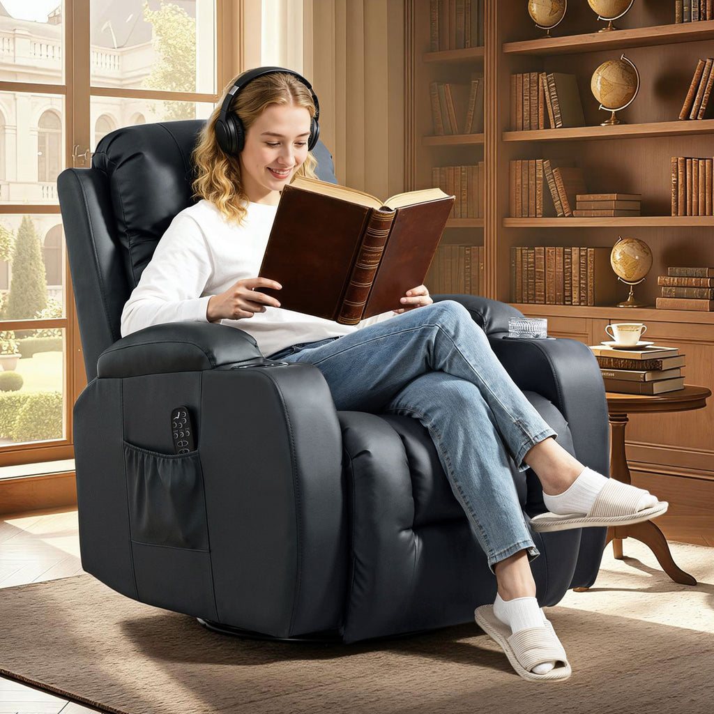 Fauteuil inclinable de massage et chauffage, fauteuil de relaxation, dossier réglable, pivotant 360°, 82x99x103cm, noir-1