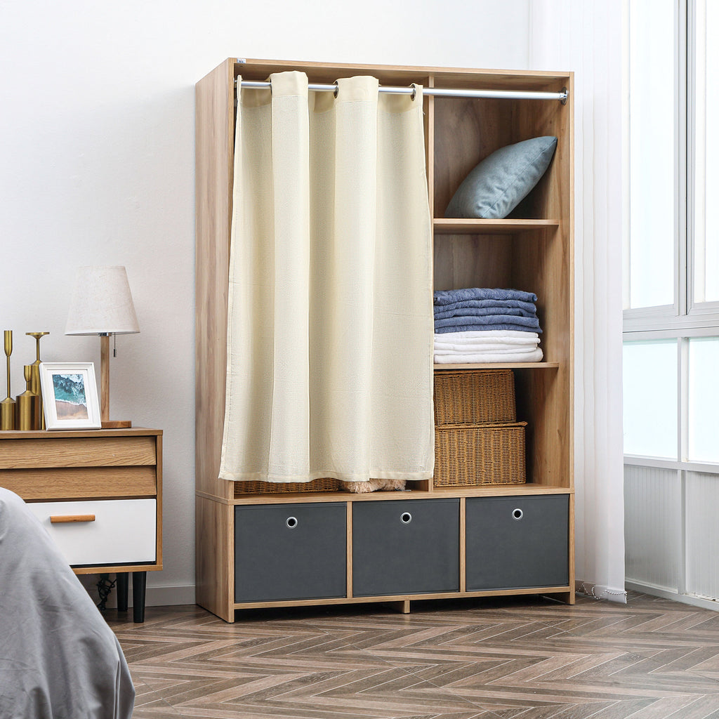 Armoire penderie armoire de rangement avec tringle rideaux 3 tiroirs en tissu amovibles 105 x 48 x 160 cm naturel-1