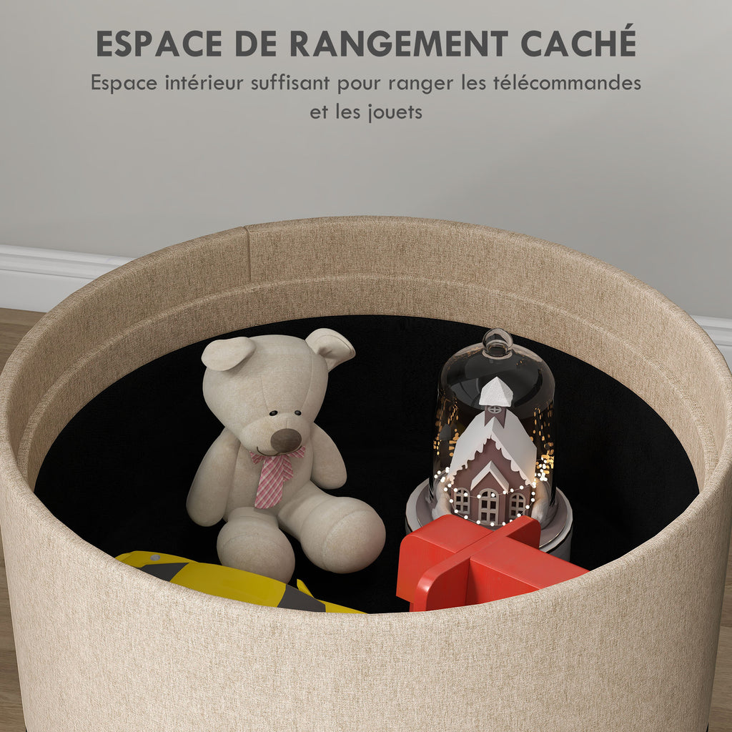 Pouf rond repose-pieds tabouret avec coffre de rangement, plateau réversible, meuble 3 en 1 pied en bois beige-4
