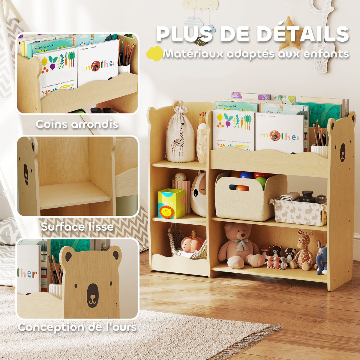 Meuble rangement enfant 3 niveaux, étagère de rangement pour jouets enfants avec étagères ouvertes, 92x29x79cm, naturel-5