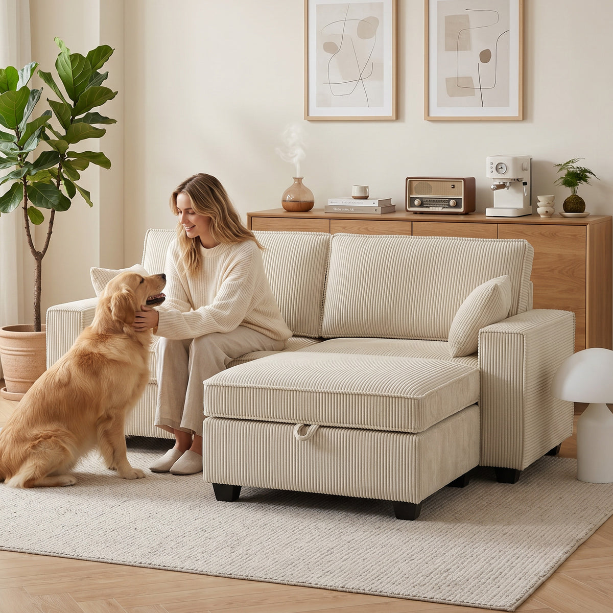 Canapé 3 Places avec Pouf de Rangement, Canapé d'Angle en Velours Côtelé, Assise Large, 2 Coussins, Beige-8
