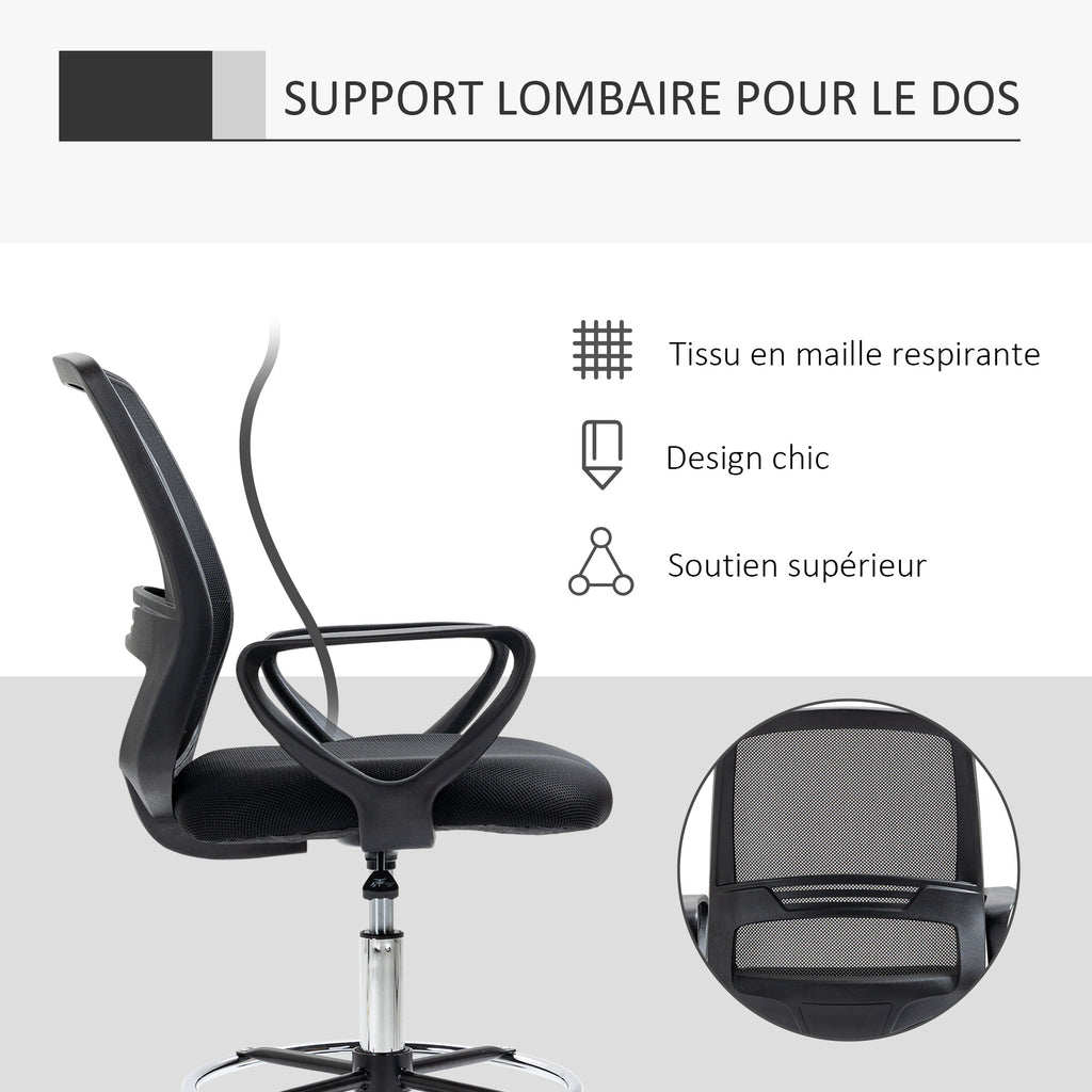 Fauteuil de bureau chaise de bureau assise haute réglable tabouret de bureau pivotant 360° maille respirante-4