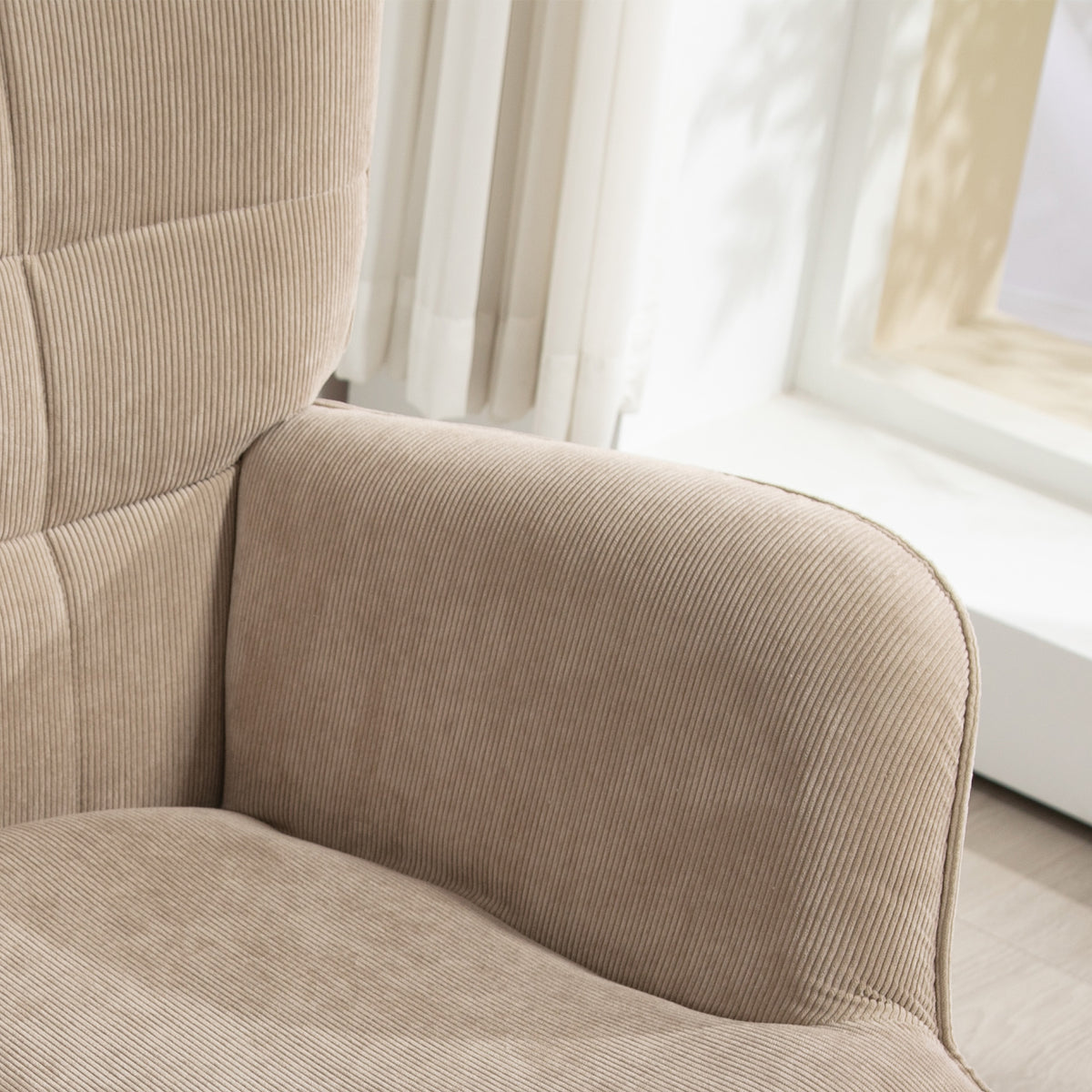 Fauteuil de Salon avec Repose-Pied, Fauteuil d'Appoint Capitonné en Velours Côtelé, Dossier Haut et Accoudoirs, Marron-8