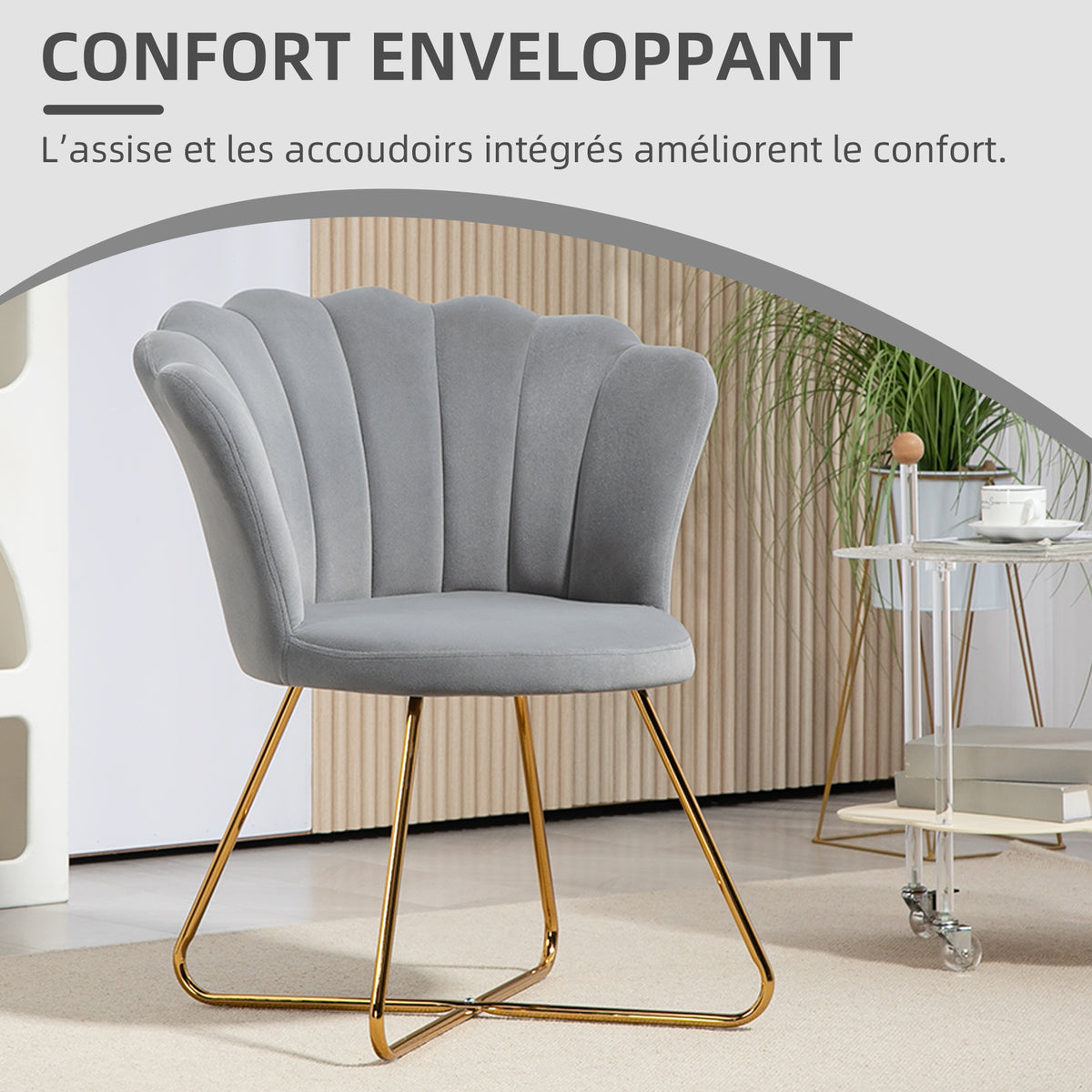 Fauteuil coquillage chaise coiffeuse fauteuil en velours fauteuil de salon avec pieds en acier 69 x 64 x 80 cm gris-5