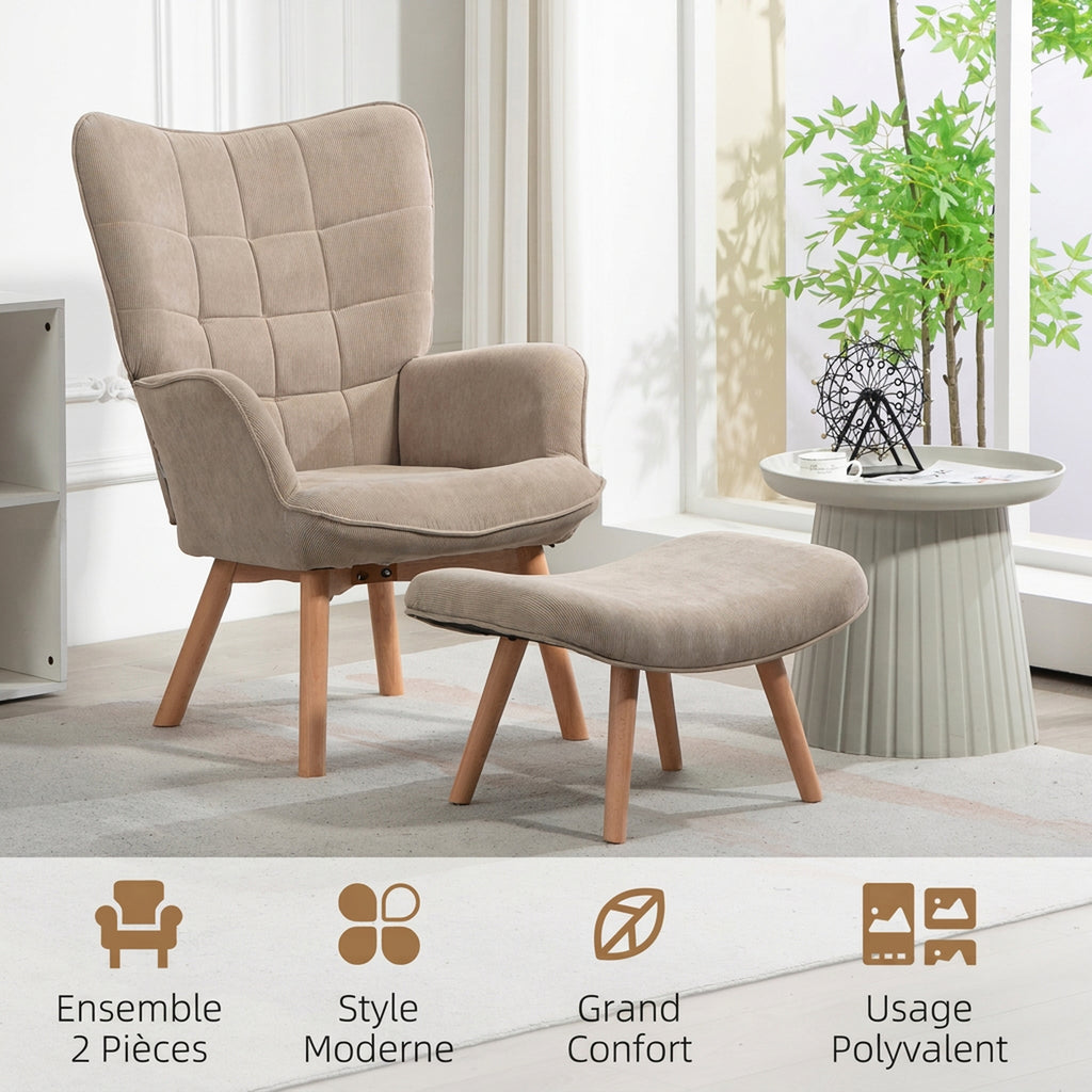 Fauteuil de Salon avec Repose-Pied, Fauteuil d'Appoint Capitonné en Velours Côtelé, Dossier Haut et Accoudoirs, Marron-5