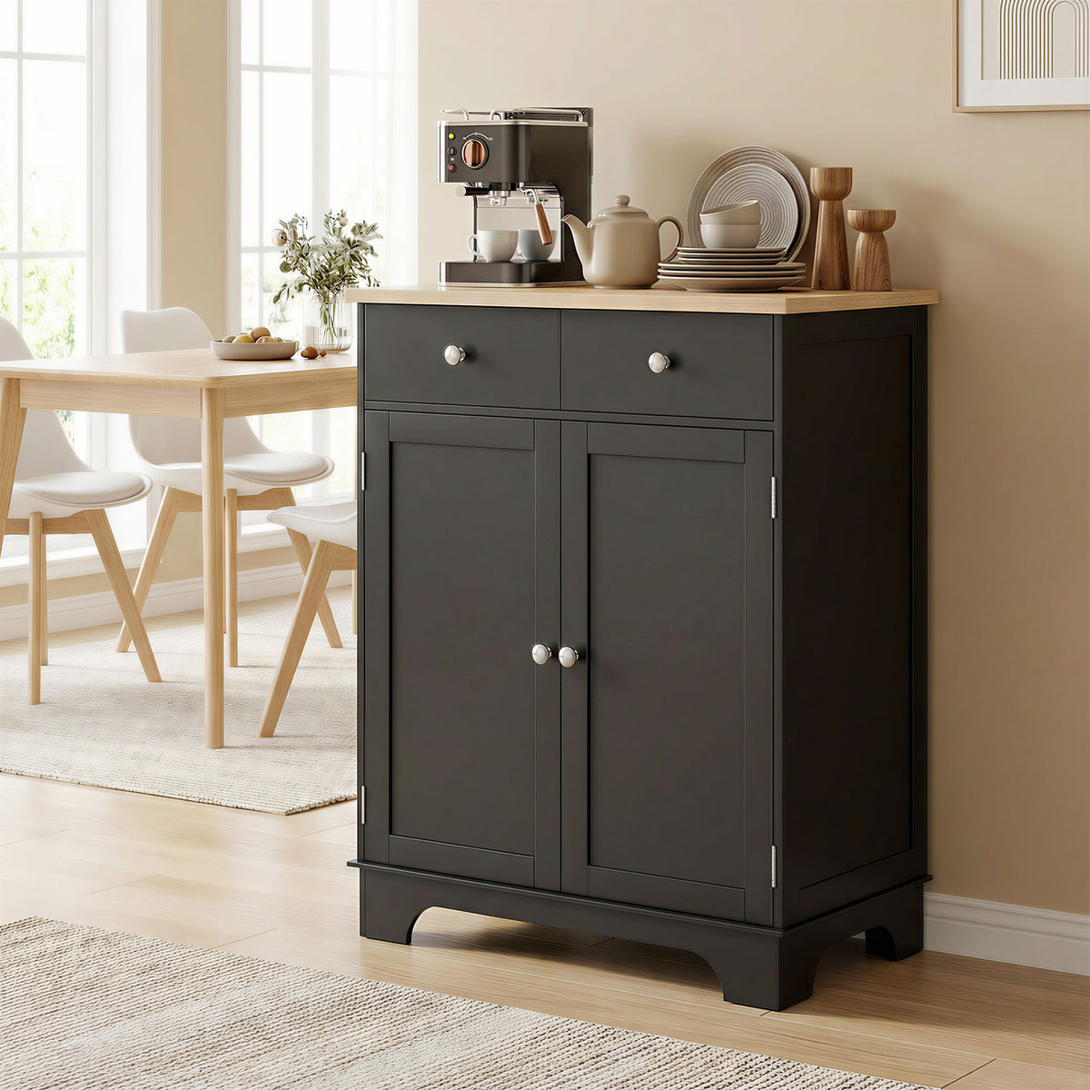 Meuble de rangement buffet salon avec placards, 2 tiroirs et étagères réglables, 68x40,3x85cm, noir et bois naturel-9
