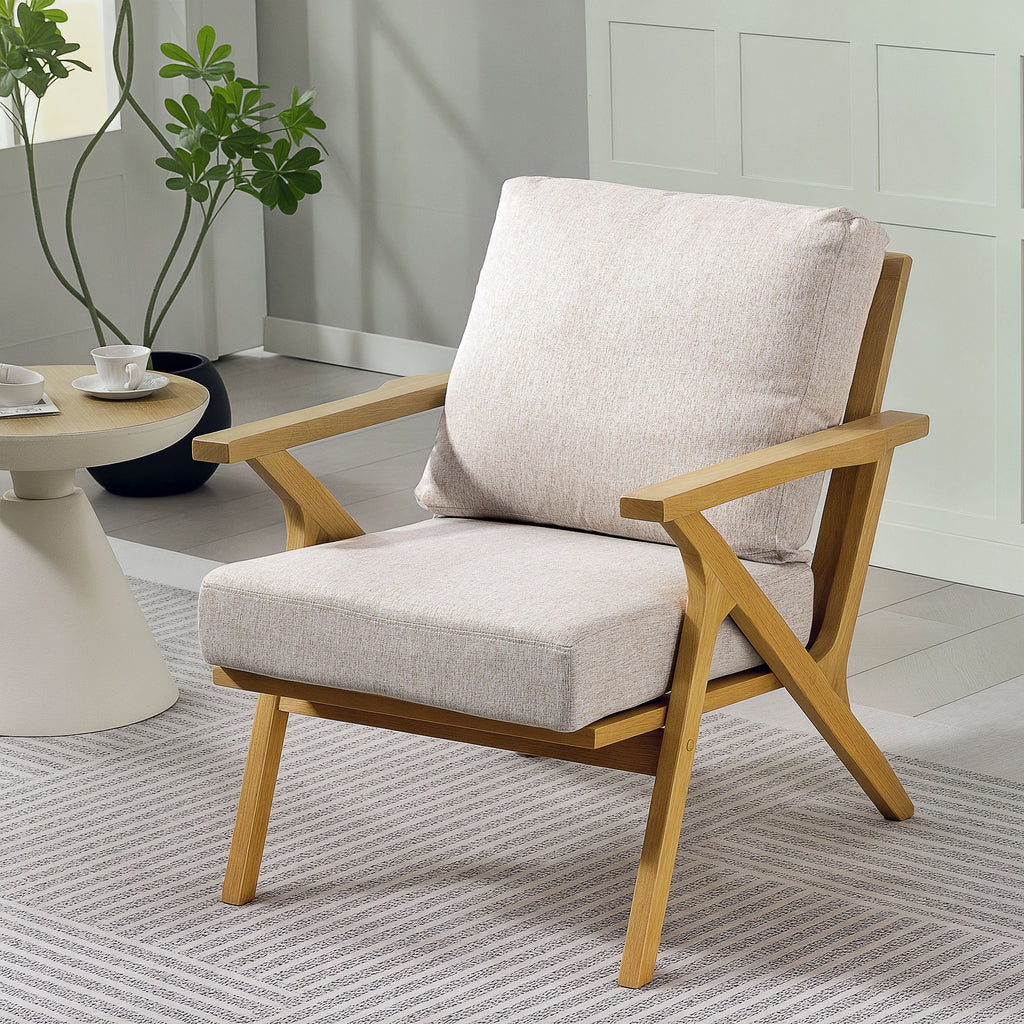 Fauteuil salon, fauteuil scandinave en tissu effet lin, coussins rembourrée et pieds en bois d'hévéa, 76x87x88cm, beige-9
