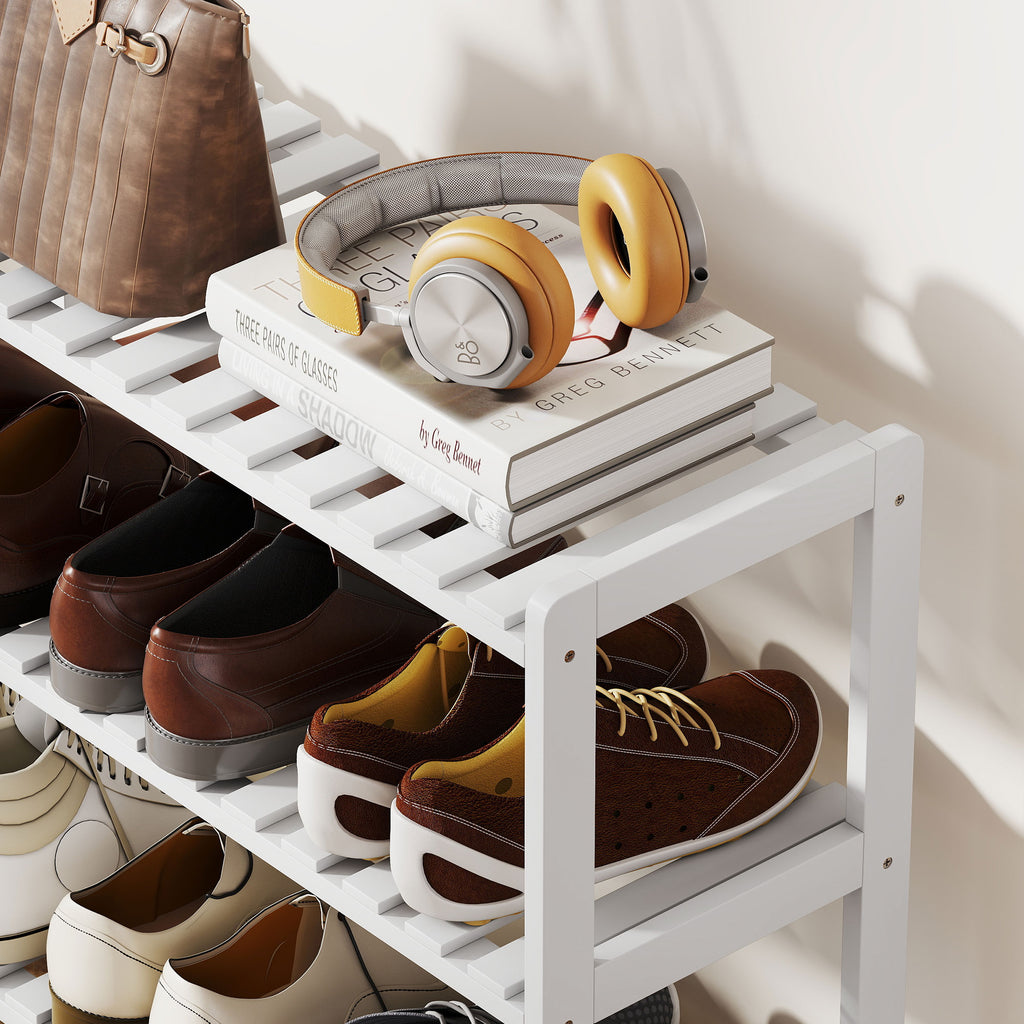Étagère à chaussures, porte-chaussures 3 niveaux, étagères à lattes, en bois de pin， 70 x 26 x 57,5 cm, blanc-8