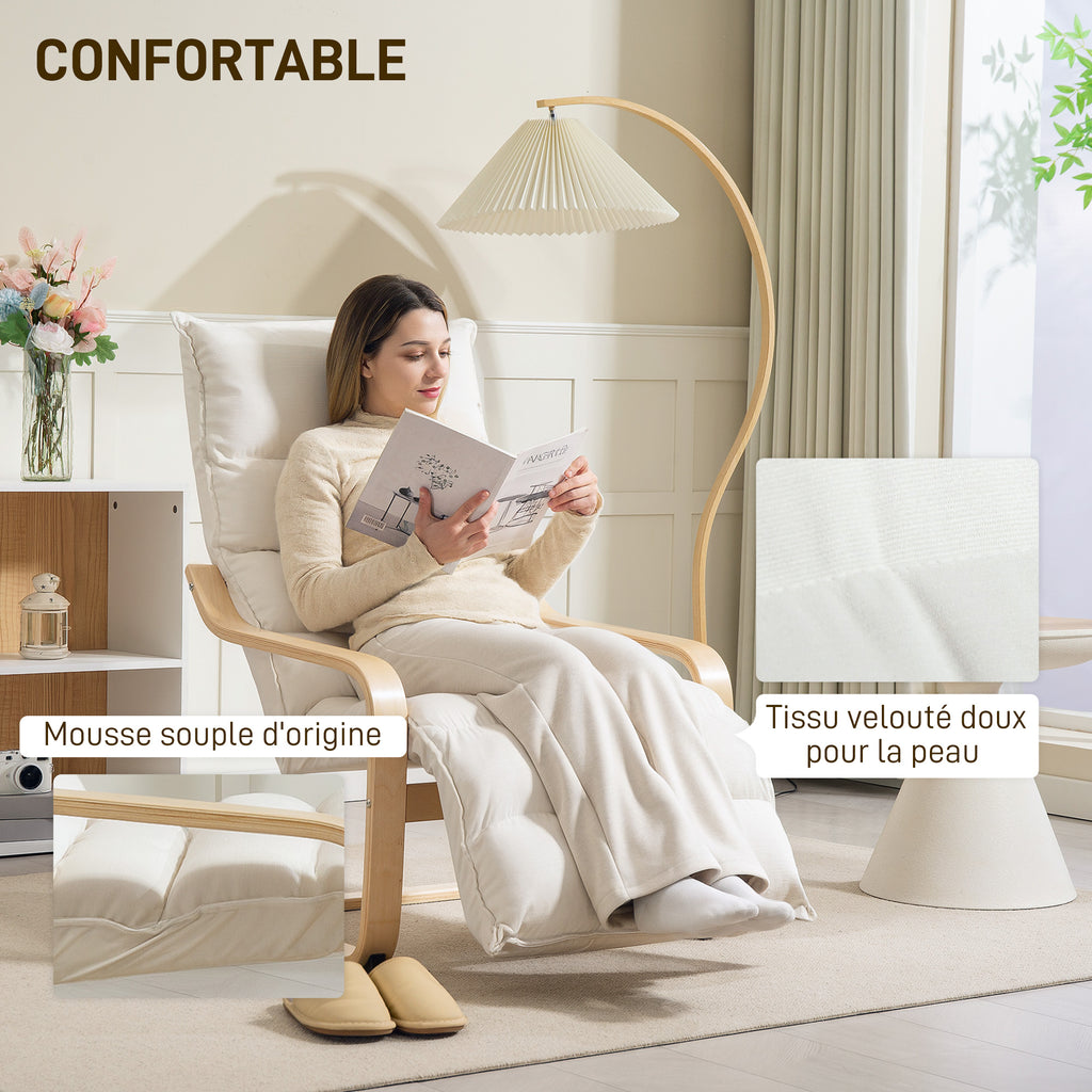 Fauteuil salon, fauteuil d'appoint rembourré en velours, repose-pieds réglable et structure en acier, 67x93x105cm, crème-3