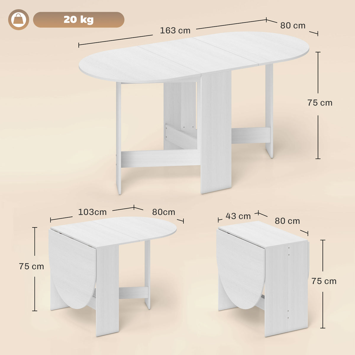 Table à manger pliante, table pliante cuisine ovale jusqu'à 6 personnes, pour petits espaces, salle à manger, blanc-2