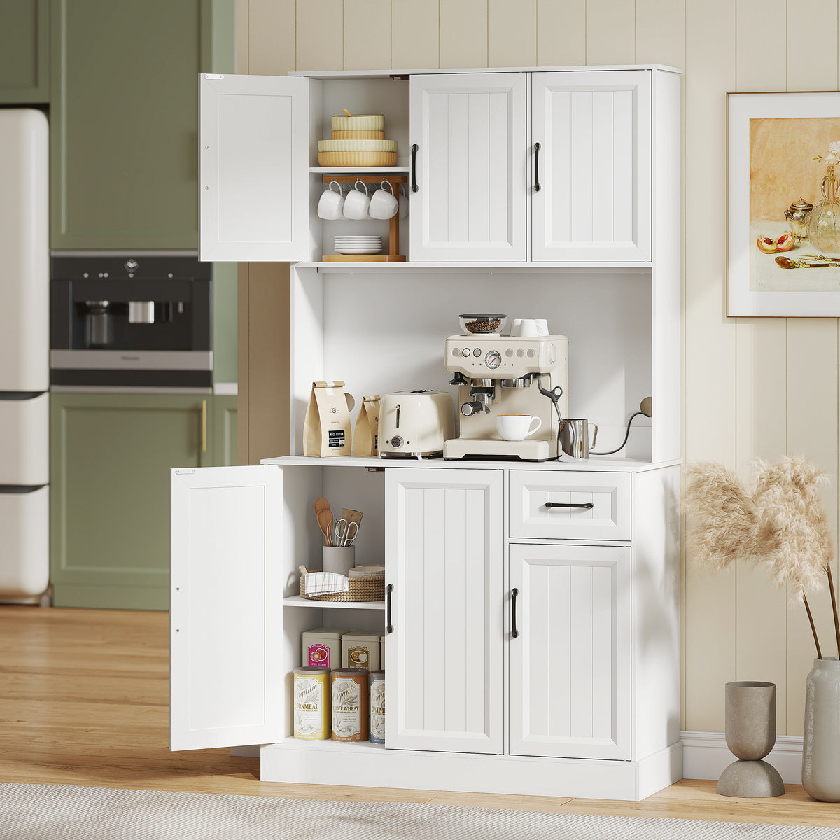 Buffet Haut Cuisine Moderne, 6 Portes, 1 tiroir, 1 Compartiment Ouvert, Étagères Réglables, 100 x 39,5 x 180,5 cm, Blanc-9