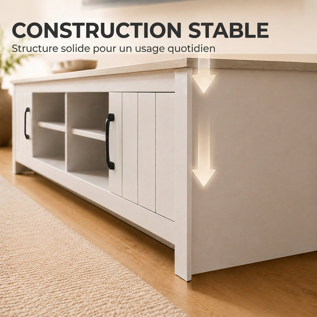 Meuble TV 175 cm, Meuble Télé pour Téléviseur jusqu'à 55 Pouces avec 2 Portes et 4 Compartiments Ouverts, Chêne et Blanc-6