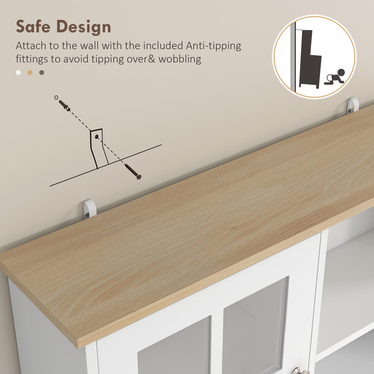 Buffet cuisine, meuble cuisine rangement haut, meuble de rangement avec plan de travail, 3 portes vitrées, 2-7