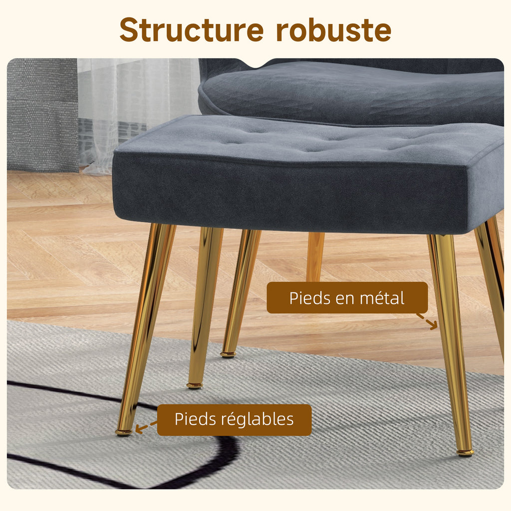 Fauteuil avec repose-pied, fauteuil salon capitonné avec dossier haut, pieds en acier doré et tissu velours, gris foncé-4