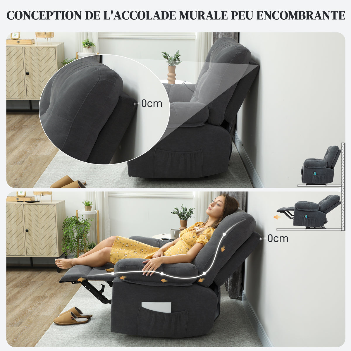 Fauteuil de massage fauteuil relax avec vibration chauffage, inclination manuelle, télécommande inclus, gris-8