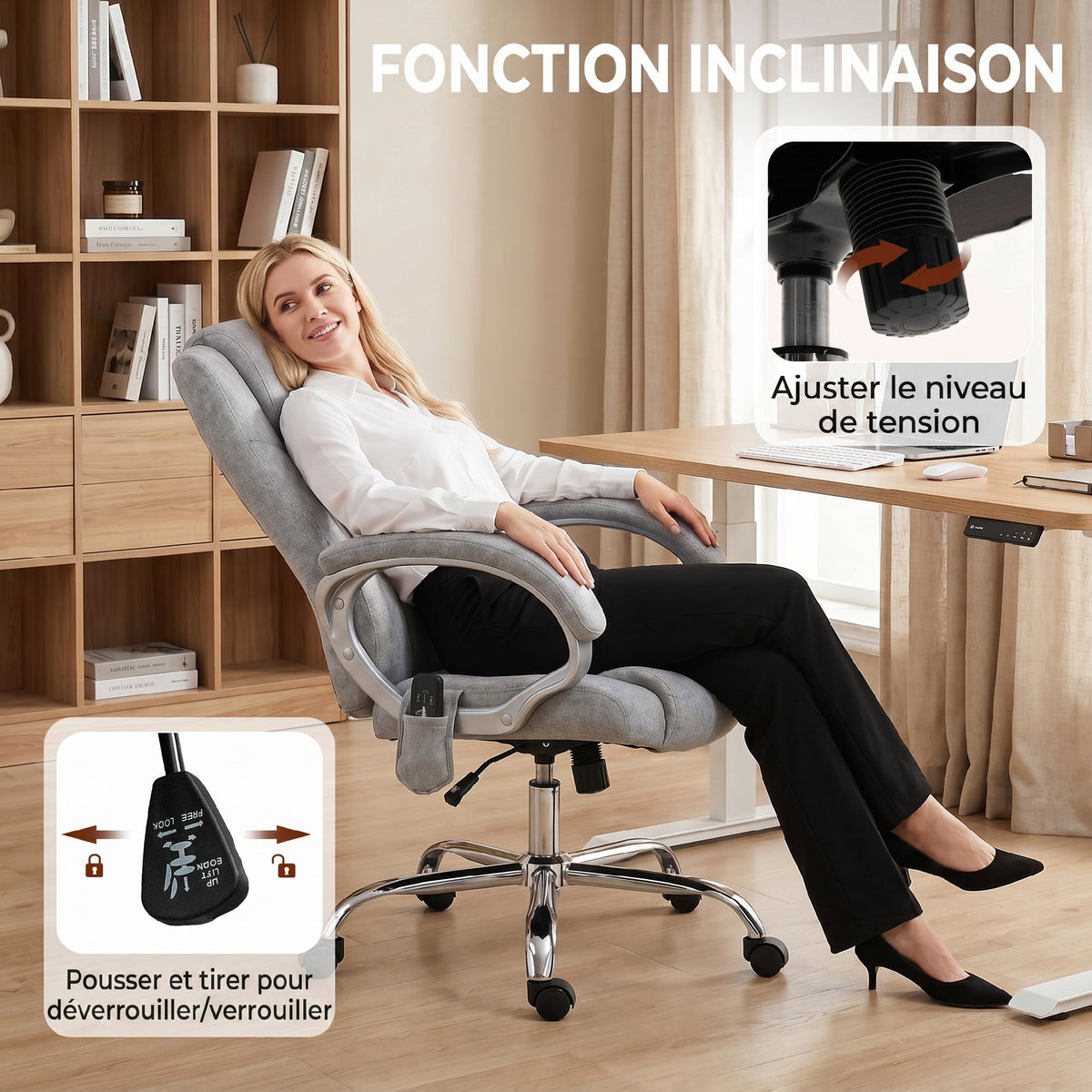 Fauteuil de Bureau Massant et Chauffant, Chaise de Bureau Ergonomique, Hauteur et Accoudoirs Réglables, Gris-5