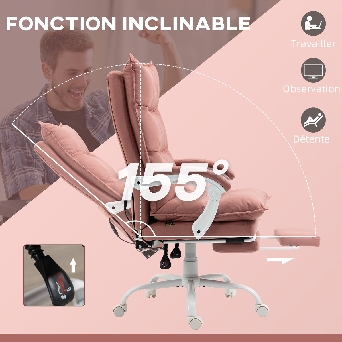 Fauteuil de bureau massant et chauffant, chaise de bureau, hauteur réglable, dossier inclinable, 66x74x121,5cm rose-6