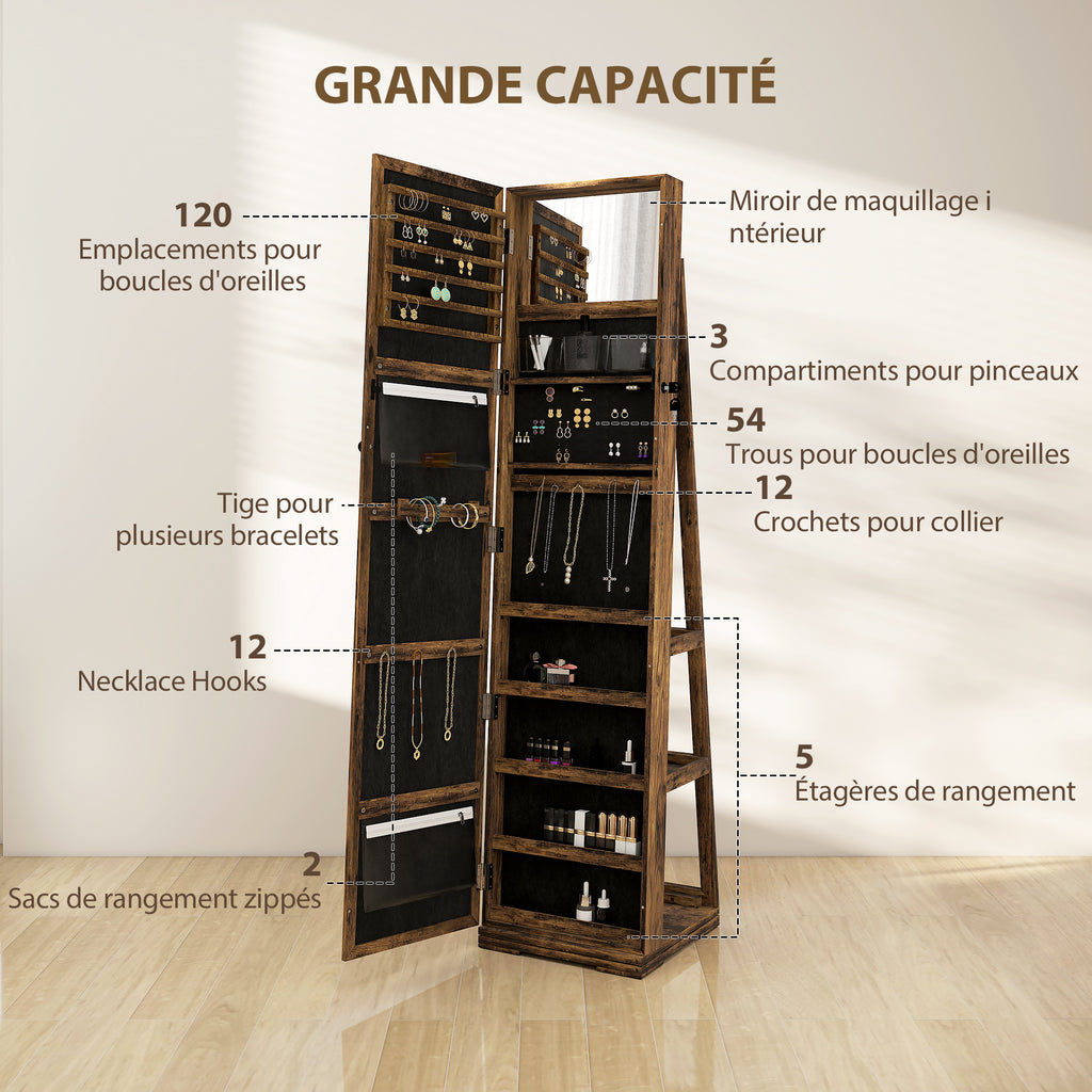 Armoire à Bijoux pivotante verrouillable boîte à bijoux avec Miroir - Armoire Bijoux Multi-Rangement - Brun Rustique-4