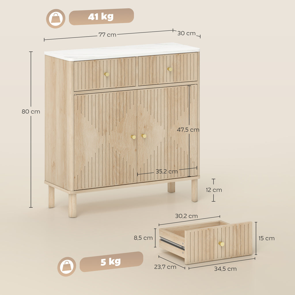 Buffet, meuble de rangement cannelé avec plateau effet marbre, 2 tiroirs, 2 portes, étagère réglable, 77x30x80cm, chêne-2