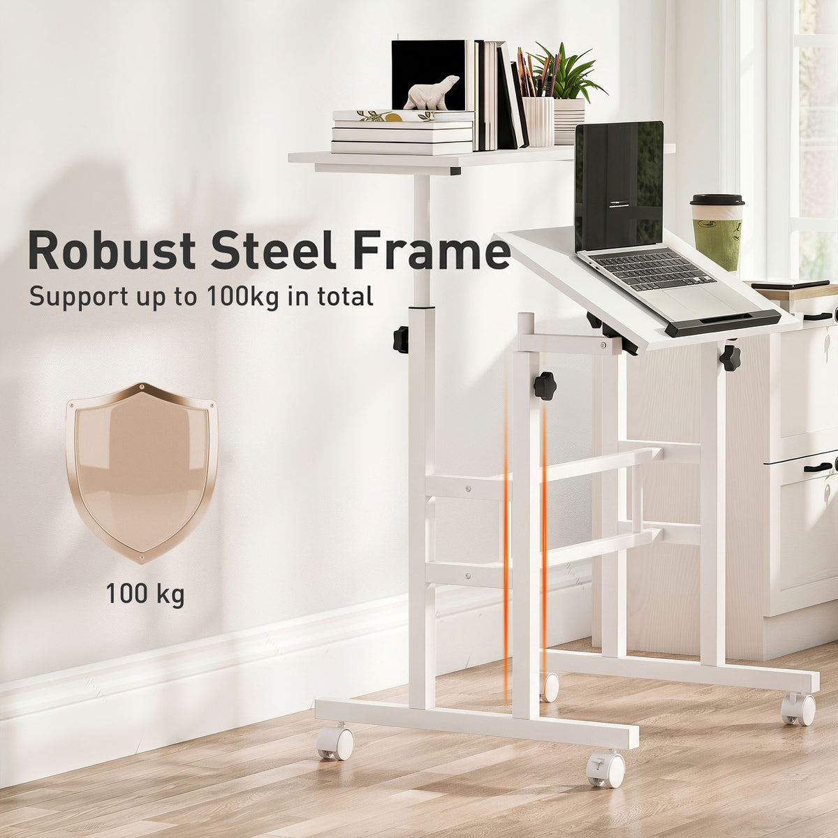 Bureau Assis-Debout, Bureau Réglable en Hauteur 70 x 60 cm, à Roulettes avec Plateau Inclinable, 70x60x70,5-120cm, Blanc-7