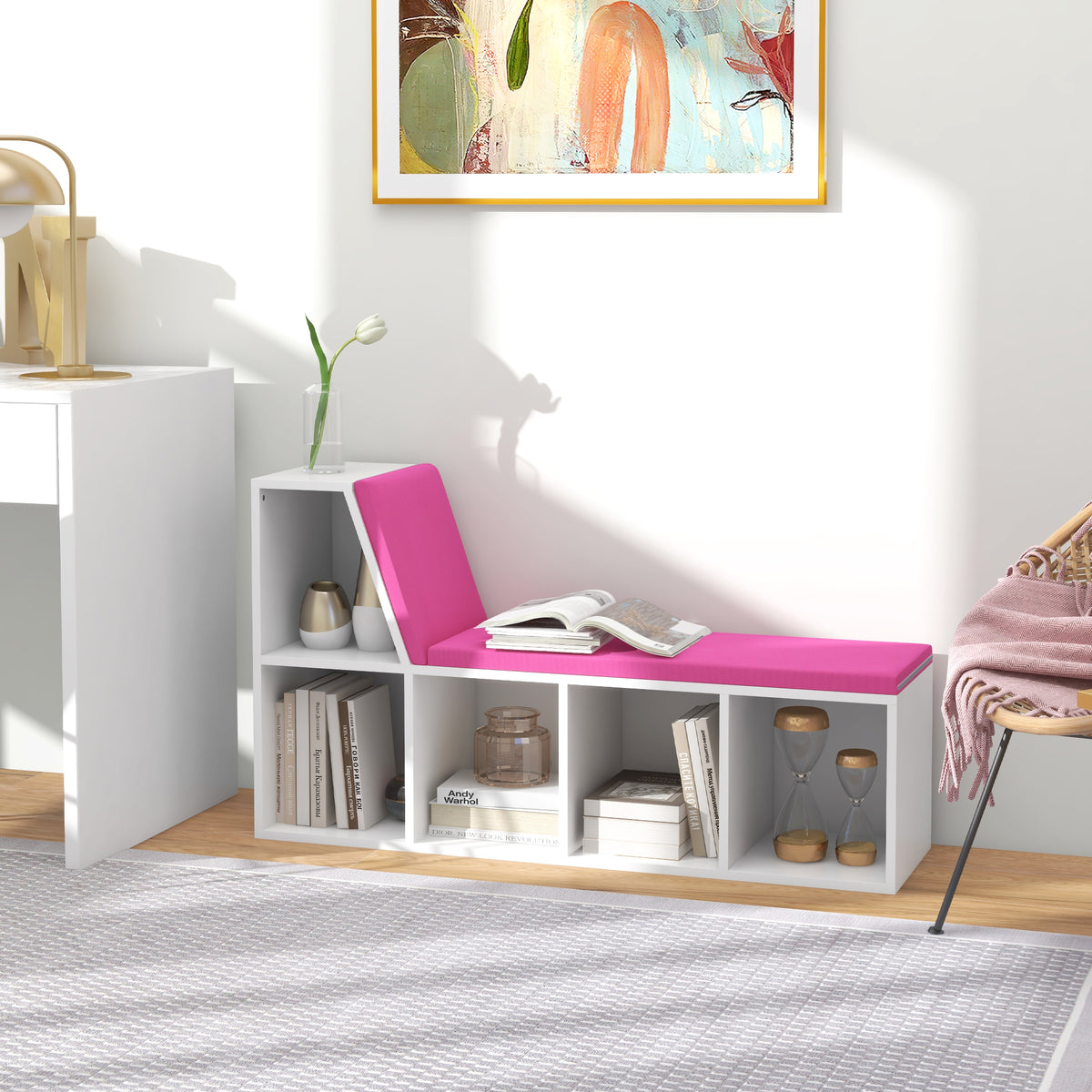 Bibliothèque banc 2 en 1 avec 5 compartiments de rangement et 2 coussins 108 x 30 x 60 cm blanc rose-1