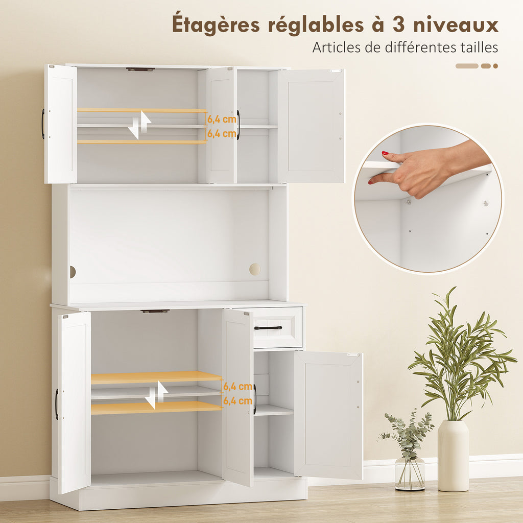 Buffet Haut Cuisine Moderne, 6 Portes, 1 tiroir, 1 Compartiment Ouvert, Étagères Réglables, 100 x 39,5 x 180,5 cm, Blanc-4