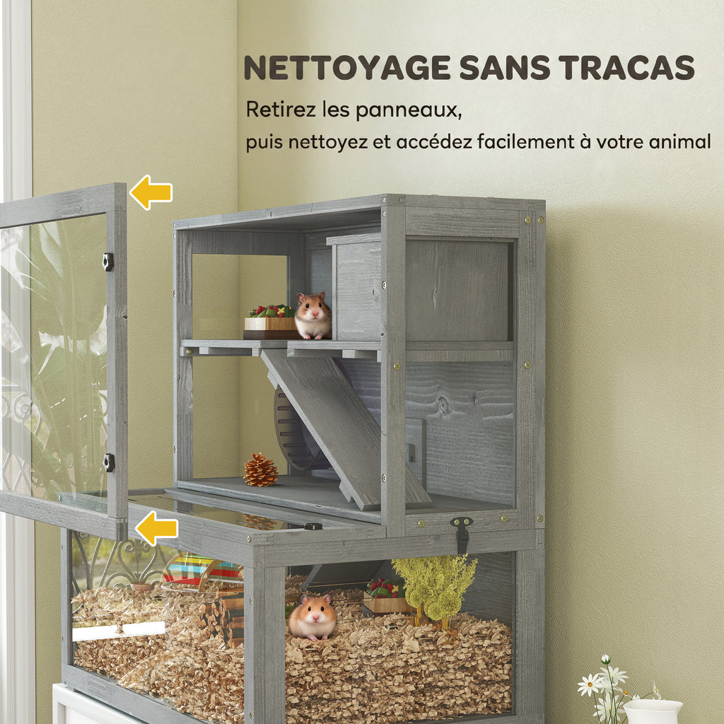 Gabbia per criceti in legno a 3 livelli con casetta e ruota, 80 × 50 × 84 cm, grigia-6