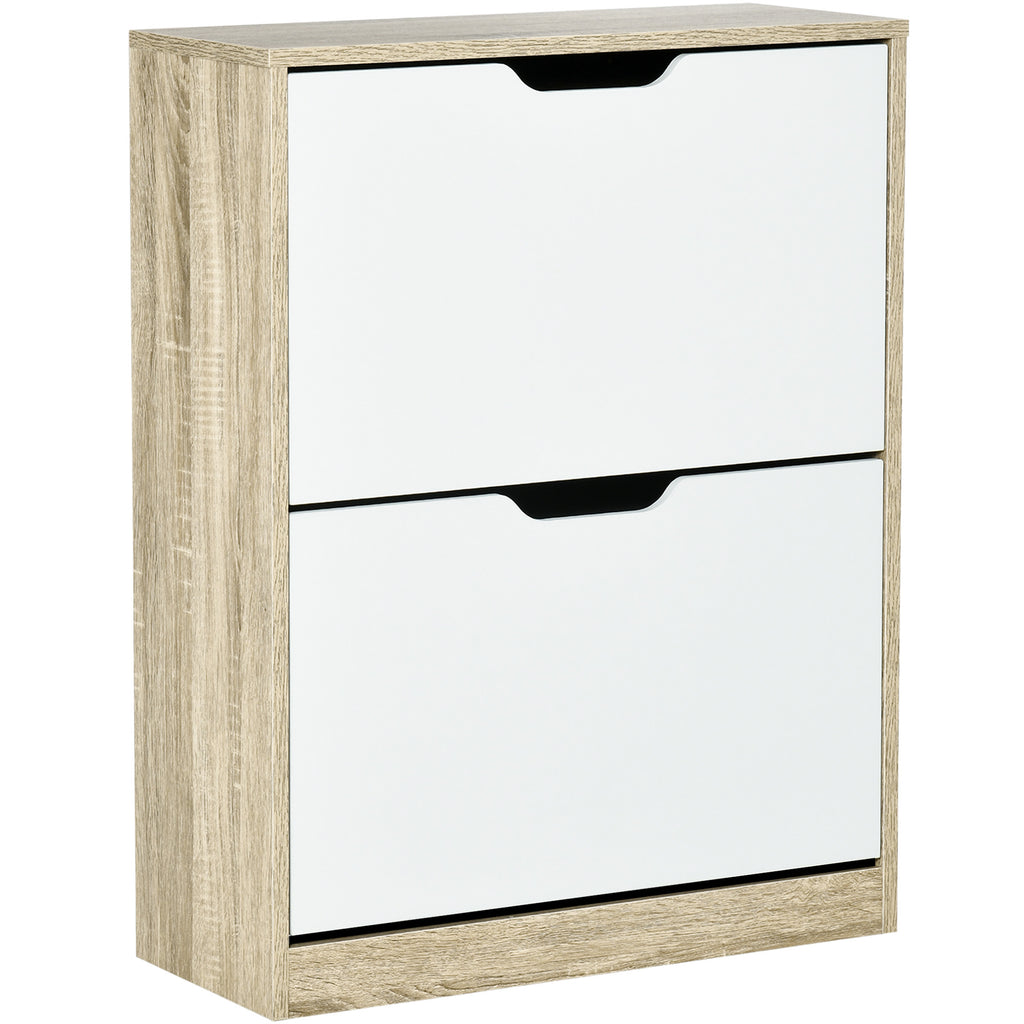 Meuble à chaussures 8 paires, armoire à chaussures étroite, 2 tiroirs rabattables, chêne et blanc-0