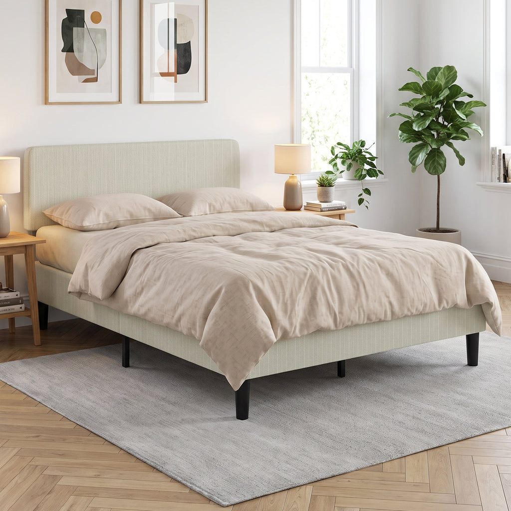 Cadre de Lit 140 x 190 cm avec Sommier, Tête Réglable, Lit Double Rembourré en Velours Côtelé, Sans Bruit, Gris Clair-8