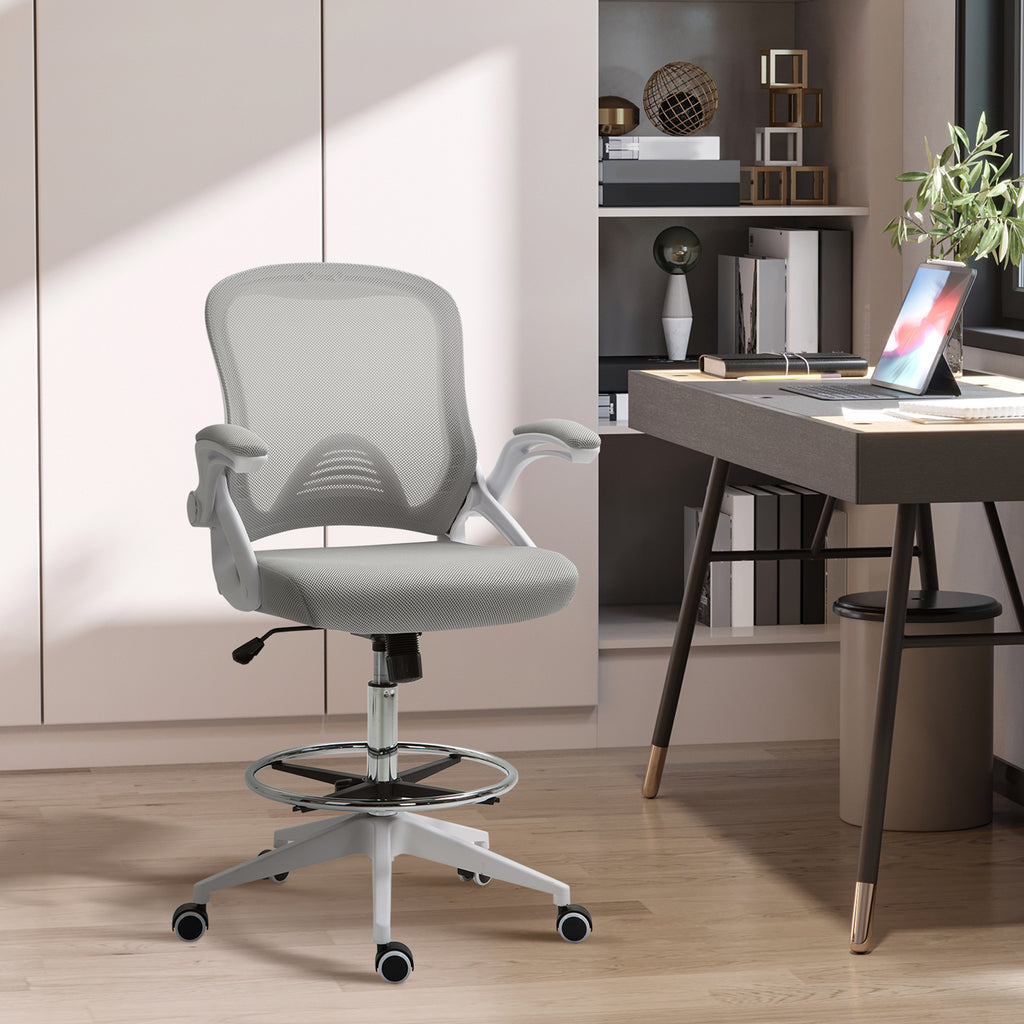 Fauteuil de bureau chaise de bureau assise debout hauteur réglable repose-pieds gris et blanc-7