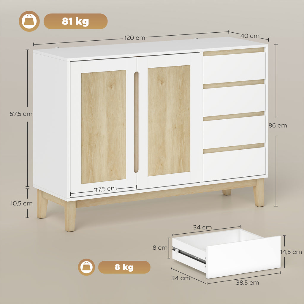 Buffet, meuble de rangement avec 2 portes et 4 tiroirs, étagère réglable, 120 x 40 x 86 cm, blanc et chêne-2
