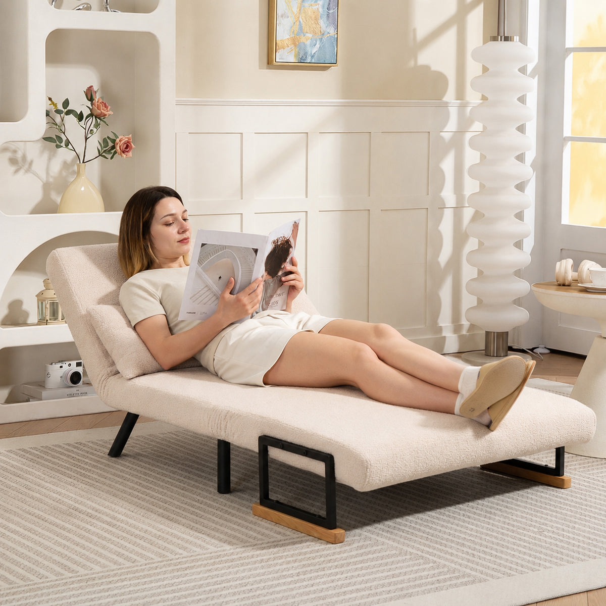 Canapé convertible 2 places 4 en 1, canapé-lit avec dossier réglable sur 5 niveaux, 2 coussins, 102 x 73 x 81 cm, beige-1