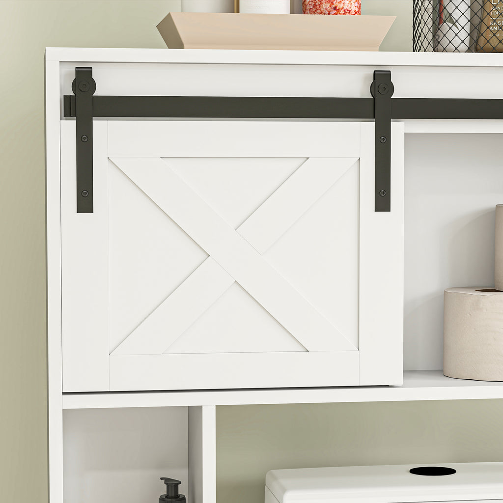 Meuble de rangement au-dessus des toilettes avec porte coulissante, Meuble étagère dessus WC, étagère réglable, blanc-8