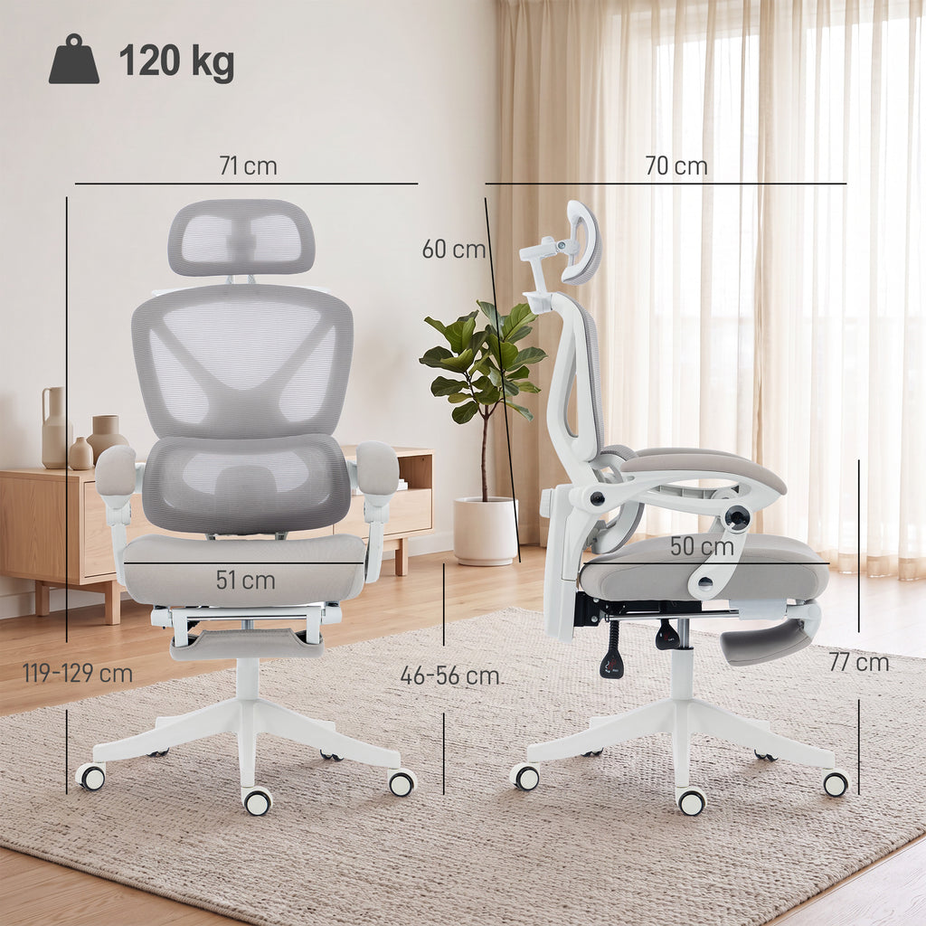 Chaise Bureau Ergonomique avec Appui-Tête Réglable, Fauteuil de Bureau Inclinable en Maille, Dossier Séparé, Gris-2