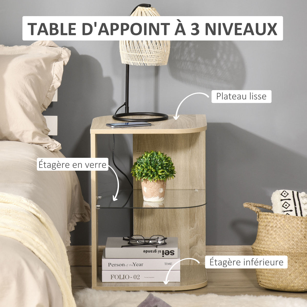 Table d'Appoint Guéridon Design Contemporain Bout de Canapé étagère Verre trempé Bois naturel-4