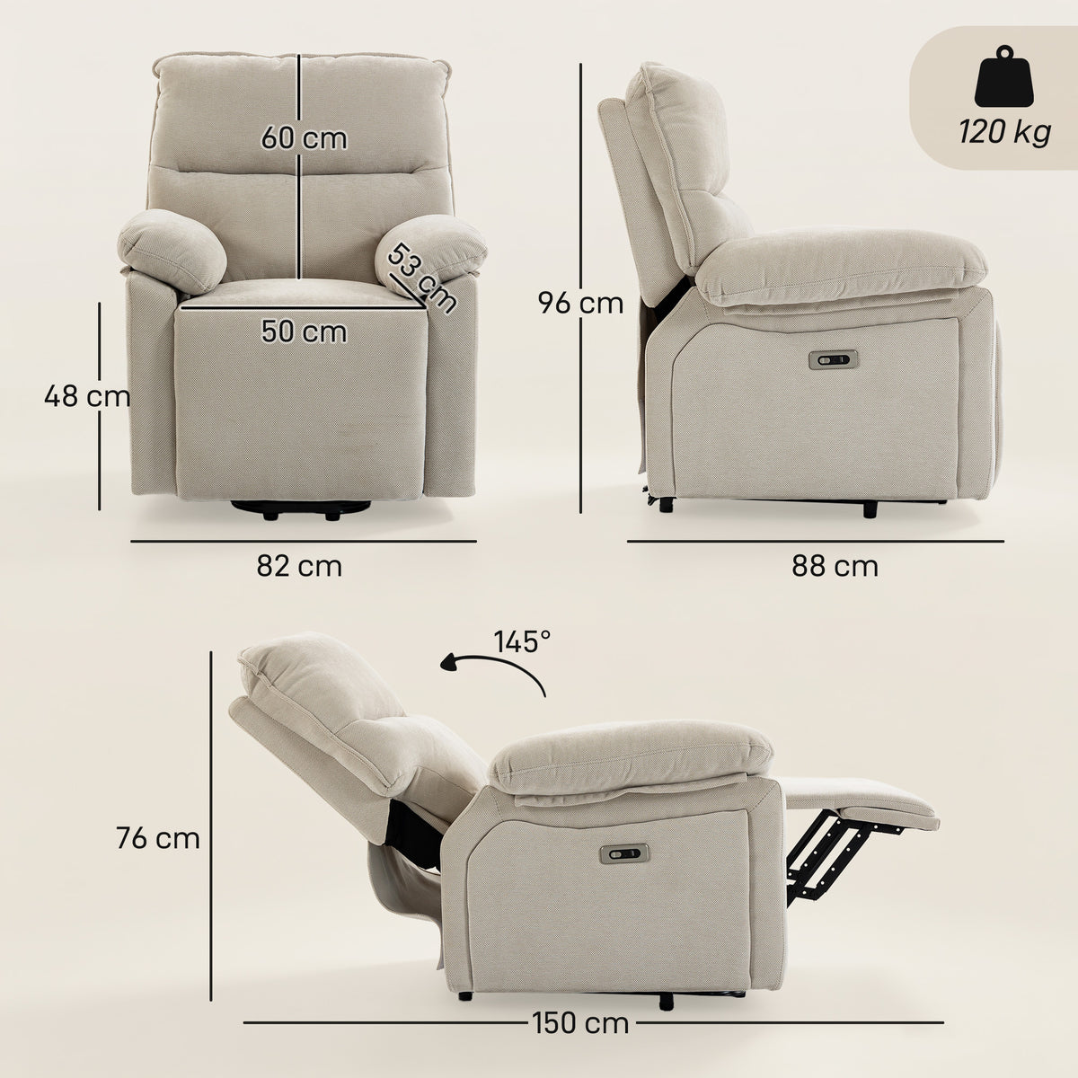 Fauteuil Releveur Électrique Massage et Chaleur Fauteuil Relax Électrique Chenille Ports USB Dossier Inclinable Crème-2