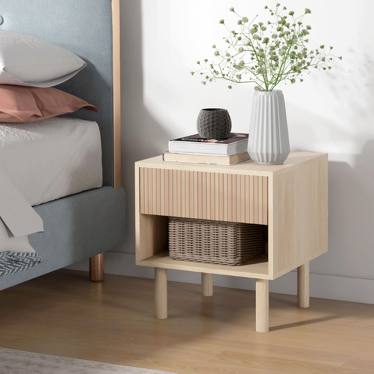 Table de chevet table de nuit avec tiroirs et niches, table d'appoint style moderne pour chambre à coucher, salon, dim. 47 x 47 x 50 cm, finition bois naturel-1