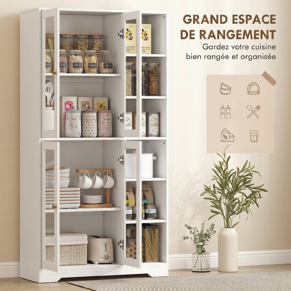 Buffet haut cuisine, vaisselier vitrine avec 4 portes à fermeture douce en verre trempé, 90x35x172cm, blanc-3