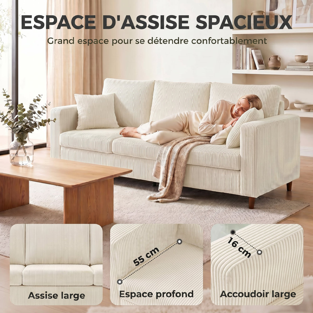 Canapé 3 Places en Velours Côtelé, Canapé de Salon Moderne 225 cm, Assise Large, Coussin à Ressorts, Crème-3
