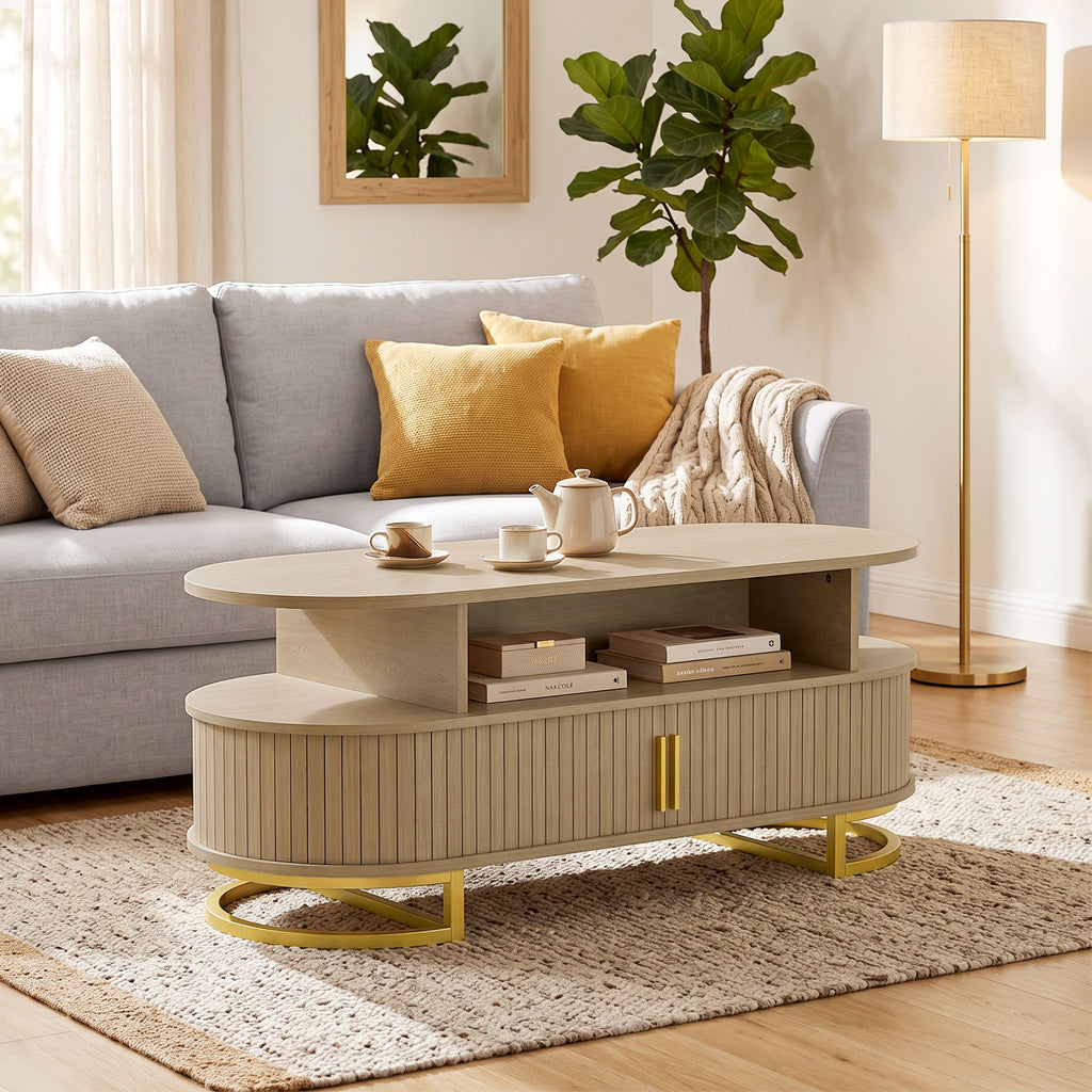Table Basse Ovale, Table de Salon Moderne avec Portes à Tambour Coulissantes, Rangement Fermé, Étagères Ouvertes, Chêne-8