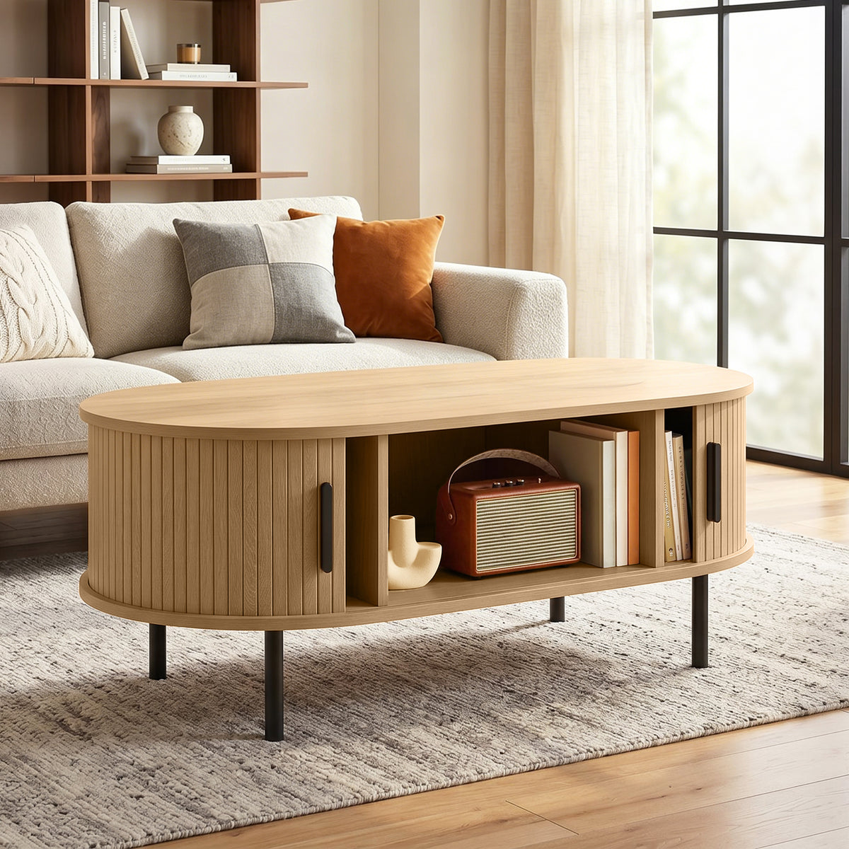 Table basse ovale en bois, table de salon moderne avec portes coulissantes et rangement caché, 100x55x40cm, bois naturel-1