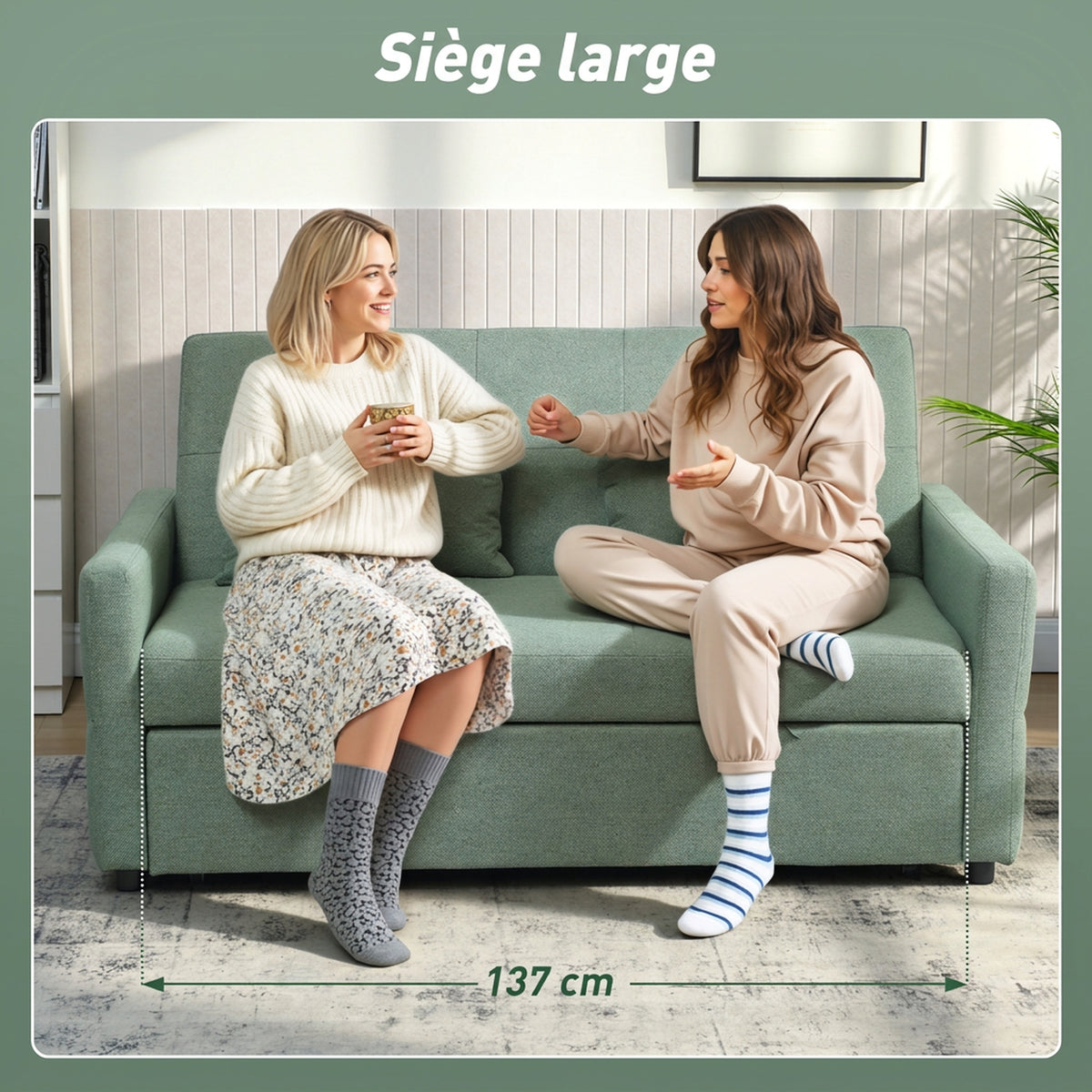 Canapé Convertible 2 Places 3 en 1, Canapé-Lit Clic Clac 160 cm, Dossier Réglable, Assise Large, 2 Oreillers, Vert-6
